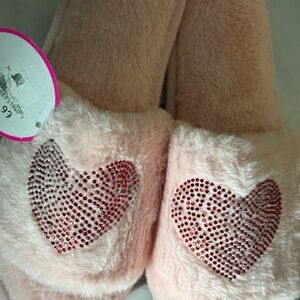 Pink Fuzzy Slippers with Heart Design
